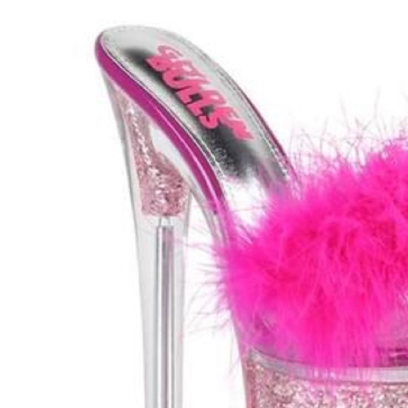 Make Offer! Golden RuPaull Hot Pink Feather Glitter Platform Stiletto Heels - Picture 4 of 5